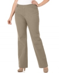 Plus size fashion that lets you go from day to sophisticated play. These pants from Dockers' collection of plus size clothes are wardrobe essentials-- and the built-in slimming panel lends a sleek shape!