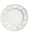 Handcrafted in the Italian tradition, the Merletto dinner plate is intricately embellished with a lacy floral texture and painted a creamy antique white. An elegant companion to Arte Italica dinnerware.