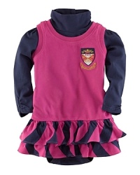 This jumper set pairs a sweet, boldly hued striped dress with an essential cotton jersey bodysuit. Cotton jersey jumper has a ribbed neckline and armholes and a two-button placket at the back for easy on and off. Features a drop waist and a striped ruffled hem. An embroidered Ralph Lauren and crown crest accent the chest. Cotton jersey bodysuit has a turtleneck. Long sleeves. Four buttons at the back placket and snaps at the hem for easy on and off.