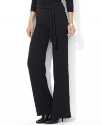 A modern wide-leg pant is crafted in fluid crepe with a heritage-inspired braided belt.