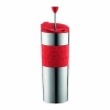 Bodum Stainless Steel Vacuum Travel Press Coffee Maker with Red Silicone Grip, 16-Ounce