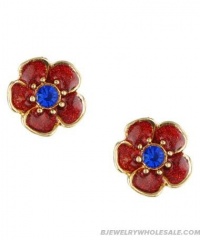 BETSEY JOHNSON RED Enamel GLITTER Flower w/ Blue Crystal Center Stud Earrings