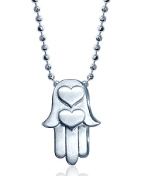 A shining silver heart-stamped Hamsa hand pendant necklace from Alex Woo.