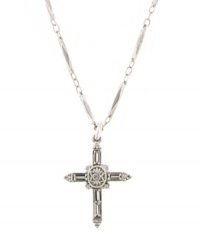 Vatican introduces religious-inspired jewelry with subtle elements of sparkle. An intricate cross decorated with luminous crystals hangs from a delicate chain crafted in silver tone mixed metal. Approximate length: 18 inches. Approximate drop: 1-1/2 inches.