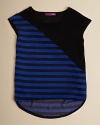 Sheer stripes on an asymmetric construction lend a trendy look to this Aqua top.