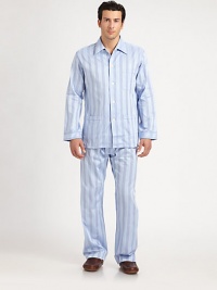 Two-piece set woven in supreme cotton with satin striped finish. Cotton. Machine wash. Imported.SHIRTButton frontChest, hip patch pocketsPANTSide elastic waistInseam, about 31