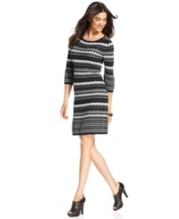 A couture-inspired zigzag knit adds a bold touch to Spense's petite sweater dress. A lightweight knit and fall color palette make it a perfect transition piece to wear into fall!