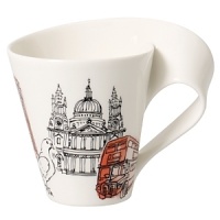 Distinguished by a bold sweeping handle that's both ergonomic and elegant, Villeroy & Boch's iconic New Wave Café mug is decorated with whimsical designs depicting the great European cities of Rome, London or Paris.