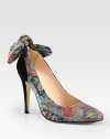 A dimensional bow backs this lady-like pump in suede and textured floral-print wool. Suede-covered heel, 4¼ (110mm)Wool and suede upperLeather lining and solePadded insoleMade in Italy