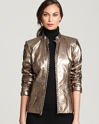 Shine brilliantly in shades of sparkle with this Lafayette 148 New York leather jacket, finished with statement braided trim for a rocker-luxe look. Style with leather leggings and rock n' roll to the top of the fashion set.