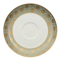 Ornate and grand, Villeroy & Boch's Aureus saucer is a feast for the eyes. Gold filigree adds opulence to an aquamarine background and bursting lotus blossoms infuse shades of fuchsia, tangerine and sapphire.