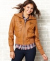 From the buttery faux-leather to the wide funnel collar, this jacket from Jou Jou creates cool style for cool days!