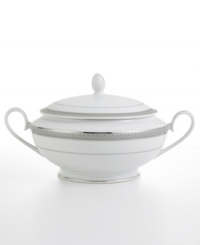 Well-suited for formal occasions, the regal casserole dish from Mikasa's Platinum Crown collection trims elegant white fine china with embossed platinum bands.