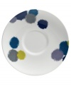 Vera Wang brings new excitement to white bone china with the tie-dye-inspired Ikat pattern from her collection of Wedgwood dinnerware. The dishes have splashes of indigo blue, citron and lavender that enhance this simple saucer for a look that's sleek and modern yet refreshingly playful.