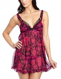 Betsey Johnson Women's Chiffon Babydoll With Peekaboo Lace, Drop Dead Gorgeous Blackberry Pie, Medium