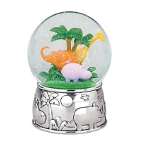 The Jungle Parade Waterglobe from Reed & Barton features a cheery jungle scene starring a giraffe, elephant and hippo, and the silverplate base features the animals on parade.