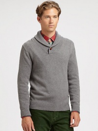 A soft shawl collar and wooden button detail defines this warm, pullover sweater, knitted from a smooth cotton blend.Shawl collarRibbed knit collar, cuffs and hem60% cotton/30% polyamide/10% woolDry cleanImported