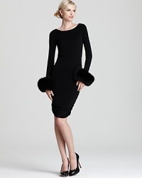 Plush fur cuffs lend old-Hollywood glamour to this Alice + Olivia dress, flaunting an exposed back zip for added edge,