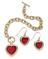 Hearts on fire. Charter Club's matching jewelry set features a heart-designed pendant and earrings crafted from gold tone mixed metal and accented by siam-hued plastic stones. Approximate pendant length: 2-1/4 inches. Approximate earring drop: 1 inch. Includes a signature Charter Club gift box.