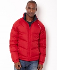 Stay warm in this trendy bold puffer jacket by Nautica.