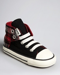 A back plaid panel with hidden Velcro® at the sides make this stylish high top a snap to slip on and off.