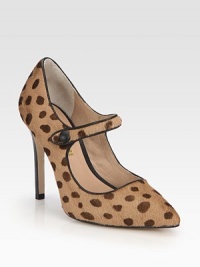 Leopard-print calf hair pumps up this sexy Mary Jane silhouette with contrast leather trim and a timeless point toe. Stacked heel, 4 (100mm)Leopard-print calf hair upper with leather trimPoint toeLeather button closureLeather lining and solePadded insoleImported