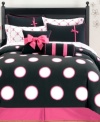 In a bold palette of pink, black and white, Sophie bedding is spot-on stylish. Bright white dots outlined in pink decorate the comforter, while the coordinating shams feature a black background accented by bright pink trim and bow detail. Fashion-forward decorative pillows boasting chic, shocking pink accents complete the look with flair.