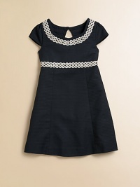 Dainty lace trim, cap sleeves and princess seaming make this woven frock a little girl's wardrobe must-have.ScoopneckCap sleevesBack keyhole button and zipperWaistband with lace trimPrincess seamsFlared skirtFully linedCottonMachine washImported