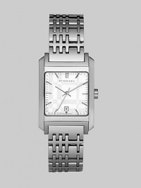 Familiar Burberry checks are subtly designed into the bracelet of this elegant stainless steel watch with a silver dial.Quartz movement Water-resistant to 5ATM Smooth bezel Square stainless steel case; 26 mm (.98) X 29 mm (1.14) Silver sunray textured dial Bar hour markers Date display at 6:00 Second hand Stainless steel link bracelet in check pattern; 16mm wide (.63) Made in Switzerland