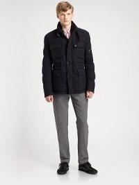 Military-inspired style in a refreshingly modern silhouette, this quilted, down-filled tweed jacket features large front cargo pockets, providing ample space for your keys, mobile devices or any other essentials.Zip frontStand collarChest, waist flap pocketsZippered pocket at sleeveAbout 29 from shoulder to hem60% wool/40% cottonDry cleanMade in Italy