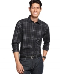 Make a lasting impression and be remembered for your appealing sense of style with this attractive plaid shirt by Alfani Black.