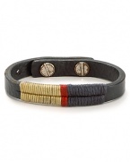 Waxed wraparound threads bring colorful contrast to this naturally smooth, metal-studded Vachetta leather bracelet.