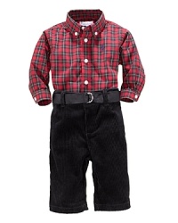 A preppy plaid shirt and a pair of soft corduroy pants create a handsome combination for your baby boy's outings.