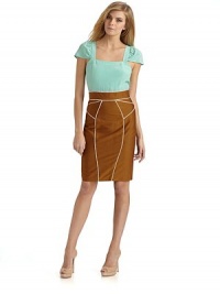 This refined colorblocked look is an elegant play on textures and colors, perfect for day to night transitions.Square neckline Cap sleeves Contrast piped skirt Slash pockets Exposed back zipper Fully lined About 24 from shoulder to hem 48% cotton/35% polyester/17% nylon Dry clean Made in USA