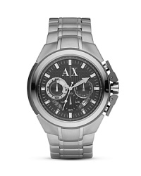 Armani Exchange's slim-faced stainless steel chronograph strikes a bold balance between sporty and sleek. Slip on the fuss-free style when details count.