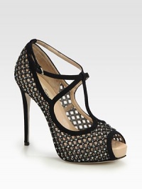 Crystal-coated mesh pairs with luxe satin trim in this t-strap design, with a towering heel and classic peep toe. Satin-covered heel, 5 (125mm)Covered platform, 1 (25mm)Compares to a 4 heel (100mm)Crystal-coated metallic mesh upper with satin trimPeep toeLeather lining and solePadded insoleMade in Italy