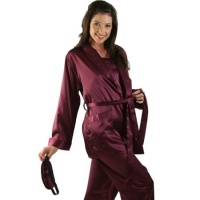 Classic Satin Embroidered Pajamas Set: Robe, Cami Top, Pants & Sleep Mask