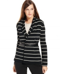 Inspired by maritime style, Calvin Klein's sailor-striped jacket features an attached belt for a nipped-in waist.