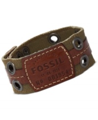 Become a one-man style army with this bracelet from Fossil. It's made from olive-colored canvas with leather details for extra-rugged appeal. Adjusts to fit wrist. Approximate length: 7-7-3/4 inches.