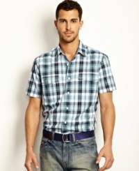 Shorten your seasonal look with this plaid woven shirt from Nautica.