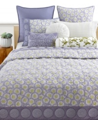 Sumptuous quilting with detailed circle embroidery lends a warm accent to the Sakura bedding from Style&co. A reverse solid purple design enhances the collection with soothing color. (Clearance)