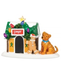 Ginger gets a decked-out doghouse for the holidays, complete with Christmas cookie accents, colored lights and garland. A must for the pet owners of Snow Village, from Department 56.