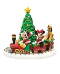 All aboard! Mickey, Minnie and Pluto ride the Holiday Express choo-choo train all the way to Christmas in this adorable Mickey's Village figurine by Department 56.