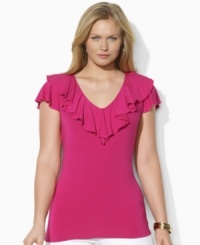 A V-neck plus size jersey top is trimmed with a flourish of ruffles at the neckline and delicate flutter sleeves, from Lauren by Ralph Lauren.