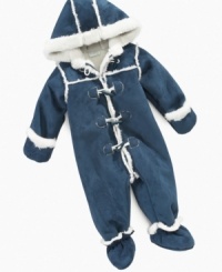 Keep him warm and comfortable in this handsome and always trendy faux shearling snowsuit by First Impressions.