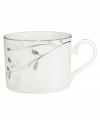 Birch branches grow around this pure white porcelain cup from Noritake dinnerware. The dishes of this set turn formal tables into serene landscapes. The contemporary design is refined in polished platinum with a breezy, all-natural beauty.