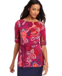 A pretty paisley print and a dainty ribbon belt create a charming effect on this petite tunic from Charter Club. (Clearance)