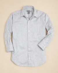 DKNY's double pinstripe button down shirt updates his dressy wardrobe with a versatile piece that adapts to his personal look.