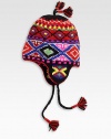 Warm and colorful wool hat covers the ears for maximum warmth.Tassel trim on top and tiesWoolDry cleanImported