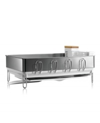 Come clean with the customized design of this stainless steel dish rack. The extra-large space features removable accessory pieces that move and mold to take whatever you dish out. A versatile drip tray directs water vertically or horizontally straight to the sink for quick, easy and mess-free draining. 5-year warranty.